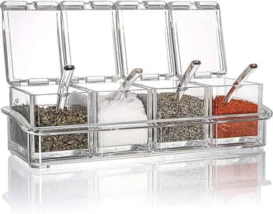 Organizador de Temperos Acrílico com 4 Potes – Tampa Hermética e Colher Inclusa