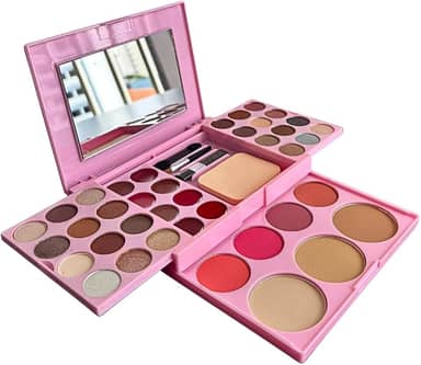 Kit de Maquiagem Profissional com 24 Sombras, 4 Blush, 3 Pó Compacto, 3 Pincéis, Espelho, Rosa