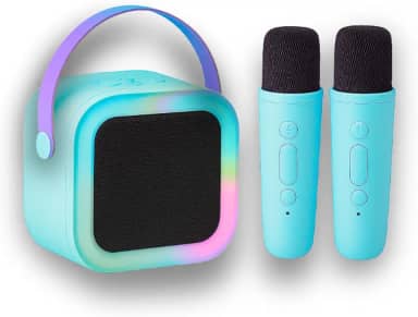 Karaokê Infantil Portátil com LED, Caixa de Som Bluetooth, 2 Microfones Sem Fio, Recarregável, Modos de Voz Divertidos (Azul)