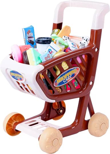 Carrinho de Compras Infantil Supermarket Shopping, 62 Acessórios, 43 x 33,5 x 10 cm, Marrom e Bege