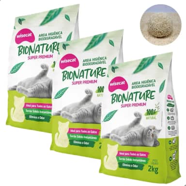 Kit 3 Areia Higiênica Biodegradável 2kg Para Gatos Sanitária BioNature Super Premium Mandioca Natural