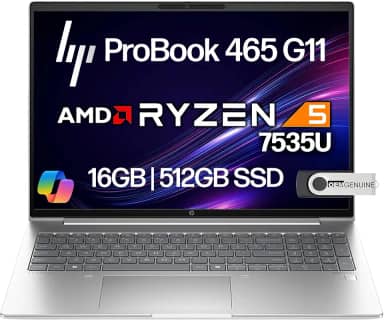HP Laptop empresarial ProBook 465 460 G11 tela FHD + de 16 polegadas, AMD Ryzen 5 7535U, 16 GB DDR5 RAM, 512 GB NVMe, Wi-Fi 6E, RJ-45, webcam, teclado retroiluminado, Win 11 Pro - Plástico prata Pike