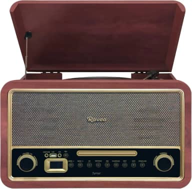 Raveo Vitrola Turner com Toca-discos de 3 velocidades, Rádio FM, CD e Cassete players, USB (reproduz e grava), entrada e saída auxiliares e tecnologia de conexão Bluetooth.