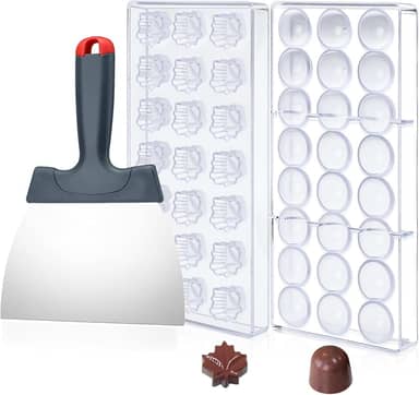 2 peças de moldes de chocolate de policarbonato de 45 grades com raspador de chocolate, molde para fazer doces, molde de barra de chocolate para mousse, geleia, bombons, trufas, doces