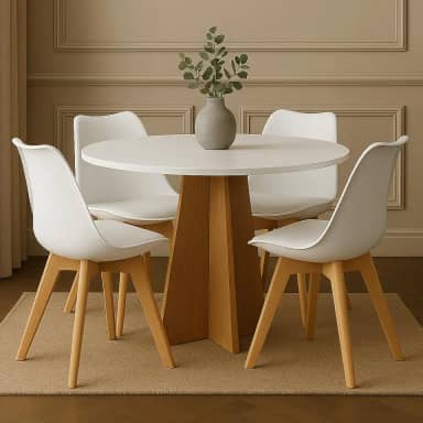 Conjunto Mesa Madeira Redonda Branca Off White 90cm + 4 Cadeiras Leda Pés Madeira Sala Jantar Cozinha Moderna (Cadeiras Brancas)