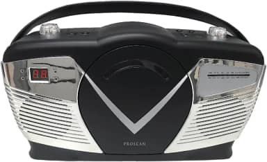 Sylvania Caixa de CD portátil estilo retrô com rádio AM/FM - CD de carregamento superior - entrada auxiliar - compatível com CA e bateria - tela LCD - alça de transporte