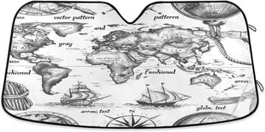 Mapa do mundo vintage pára-brisa de carro protetor de viseira frontal dobrável para carro, SUV, caminhão - Mantenha o veículo fresco, 133 x 23,5 polegadas