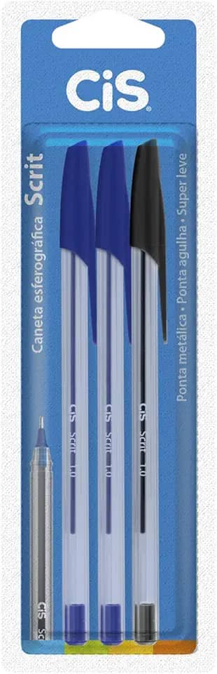 Caneta Esferográfica Scrit 1.0mm, CIS, Blister c/3 unidades (2 Azul, 1 Preta)