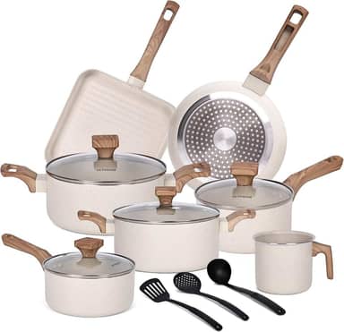 Jogo de Panelas 10 Peças Indução Cerâmica Antiaderente, Adequado para Fogão a Indução, Gás, Elétrico e Vitrocerâmico, Durável Lindas e Qualidade, Baunilha