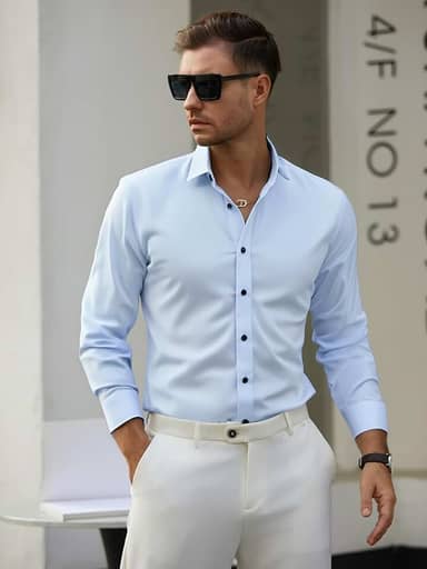 Camisa social masculina de manga comprida, com botões, sem rugas, cor sólida, formal, para trabalho, passeios diários