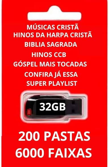 Pen Drive 32GB Gravado Com Músicas Góspel Cristã – São 6000 faixas separadas em 200 pastas, perfeito pra ouvir no carro, na igreja ou em casa!