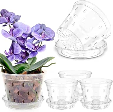 Vaso de orquídea de 5 peças para replantar, vasos de orquídeas transparentes com furos e pires, vaso de orquídea de plástico resistente, vaso de flores respirável (15 cm)