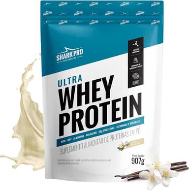 Shark Pro Ultra Whey Protein Sabor Baunilha - 30g de Proteínas - Suplemento Alimentar de Proteínas em Pó - WPC e WPI - Fórmula com Colágeno e Albumina - 907g Pouch