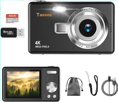 Câmera digital 1080P FHD 4k com tela LCD de 2,4", compacta e portátil para vlogs e fotos, com cartão SD de 32GB e zoom digital de 16x para adolescentes, estudantes e iniciantes. (preto)