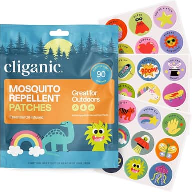 Cliganic Adesivos repelentes de mosquitos (pacote com 90) – adesivos de vibração positiva para crianças, sem DEET, infundido com óleo essencial