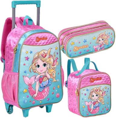 Kit Mochila Escolar Sereia Infantil Rodinha Lancheira Estojo