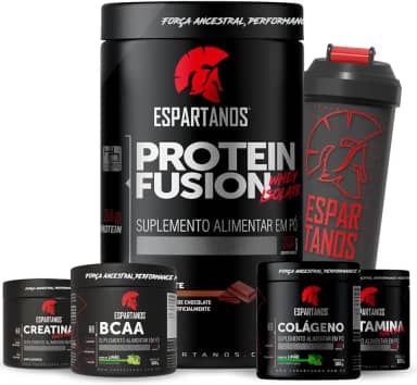 Whey Protein Fusion Chocolate 900g + BCAA + Creatina + Glutamina + Colágeno + Coquteleira - Espartanos