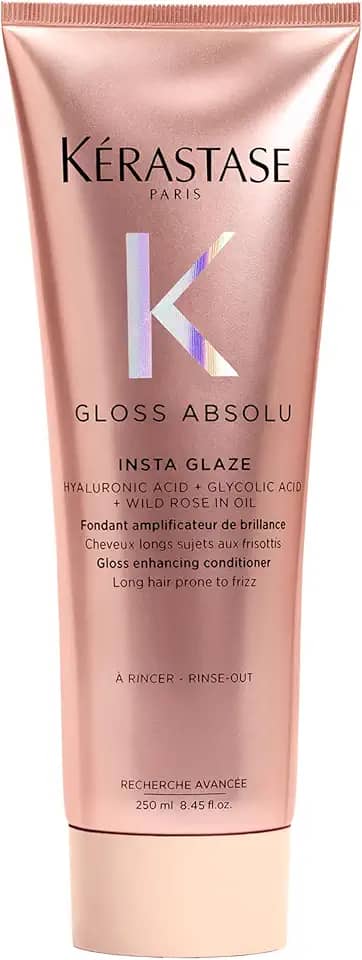 Kérastase, Condicionador, Gloss Absolu, Insta Glaze, para todos os tipos de cabelos, ação anti-frizz com ácido hialurônico, ácido glicólico e óleo de rosa silvestre, potencializa o brilho, 250ml