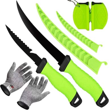 HOWORR Conjunto De 2 Facas Para Filé, 5 E 7 Polegadas, Aço Inoxidável, Filé Cozinha Peixe, Equipamentos Pesca, Acessórios Ferramentas, Presente, Com Afiador Luvas Resistentes A Cortes, Verde