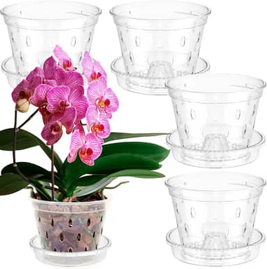 Vaso de orquídea de 5 peças para replantar vasos de orquídeas transparentes de 11 cm com furos e pires, vaso de orquídea de plástico resistente, vaso de flores respirável para berçário