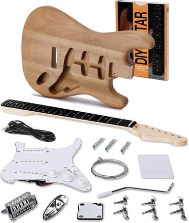 VEDO Kit de guitarra elétrica ST para montar, corpo em mogno/braço em maple, guitarra elétrica de 6 cordas, kit de guitarra DIY, escala em pau-roxo, captadores SSS, guitarra estilo ST para iniciantes