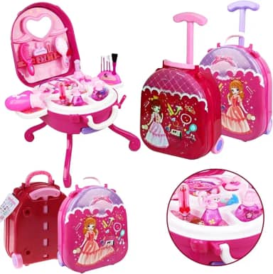 Maleta de Maquiagem Infantil 3 em 1 Princesa – Penteadeira com Espelho, Mochila de Rodinhas e Kit Completo de Brinquedo Educativo