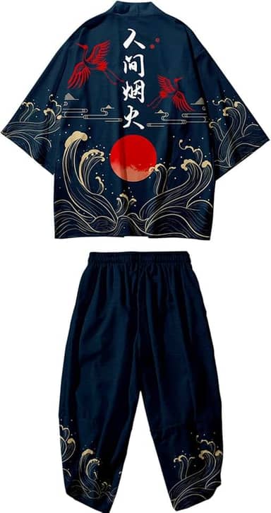 Quimono masculino japonês, cardigã com estampa de estilo chinês, conjunto de calça e jaqueta aberta na frente com sete mangas, top e shorts