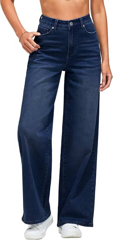 Jeans de perna larga para mulheres, moderno, cintura alta, calça jeans elástica anos 90, calça jeans folgada, calça jeans com bolsos