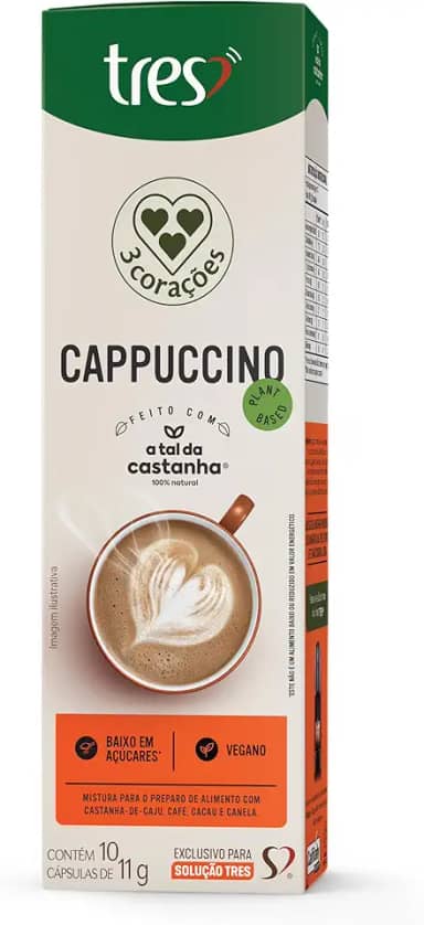 3 Corações Cápsula De Cappuccino Feito Com A Tal Da Castanha - Caixa 110G 10 Unidades 11G Cada - Tres