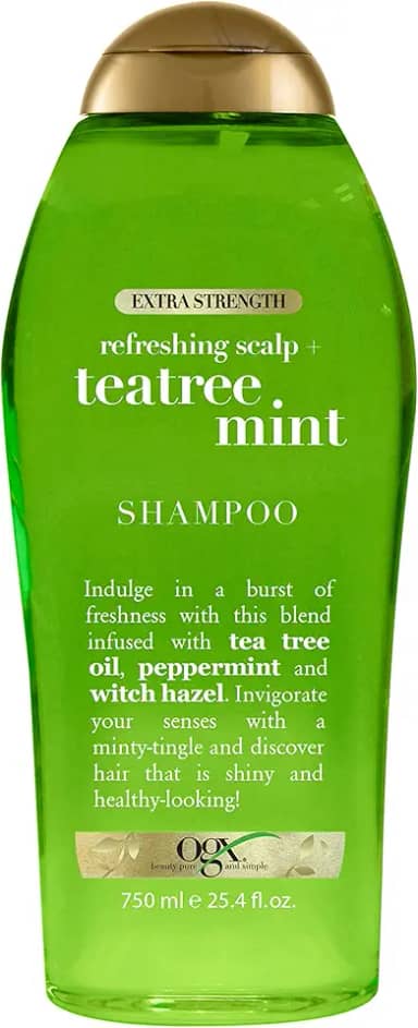 OGX Extra Strength Shampoo Refrescante para Couro Cabeludo + Teatree Mint Shampoo Revigorante para Couro Cabeludo com Óleo de Árvore de Chá e Hortelã e Hamamélis, Sem Parabenos, Surfatantes Sem Sulfatos, 70 ml