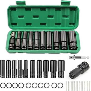 Jogo de Soquetes de Impacto 1/2 Profundos 11 Peças (10-24mm) - Cr-V - Alta Torque - Caixinha Organizadora - Ideal Carros e DIY