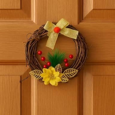 Guirlanda de Natal Luxo 17,5cm c/Galhos Naturais e Laço Elegante, Guirlanda para Porta, Decoração de Natal, Enfeite Natalino Minimalista