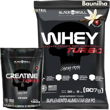 Kit Whey Protein Turbo + Creatina Monohidratada 150g - Black Skull - Ganho de Massa Muscular - Força (Baunilha)