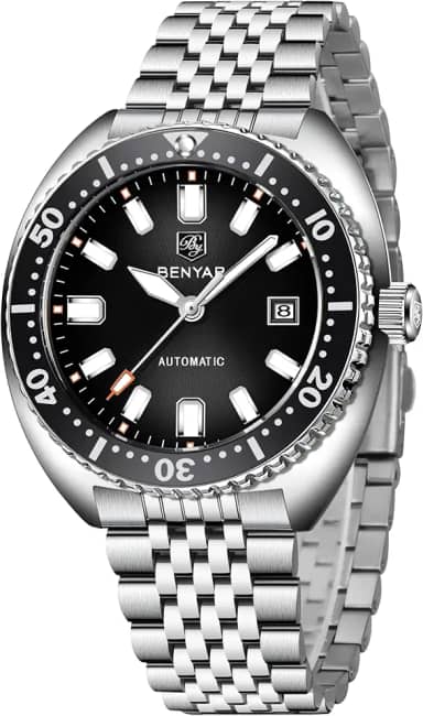 Benyar Relógios automáticos para homens, pulseira de aço inoxidável, relógio de pulso mecânico, masculino 50 m, à prova d'água, calendário, luminoso, para negócios, masculino