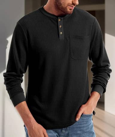 Camisetas masculinas Henley manga curta botão waffle com bolso