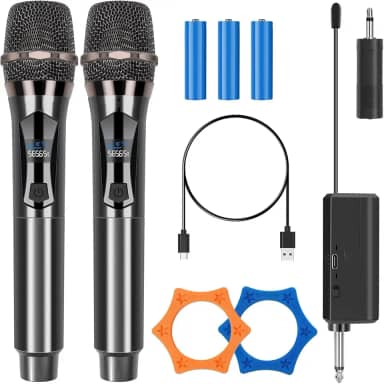 Kit 2 Microfone Sem Fio UHF Profissional Ideal para Festas, Eventos, Karaokê- Cancelamento de Ruído Anti-Larsen, Bateria de 8h e Design Antiderrapante (preto)