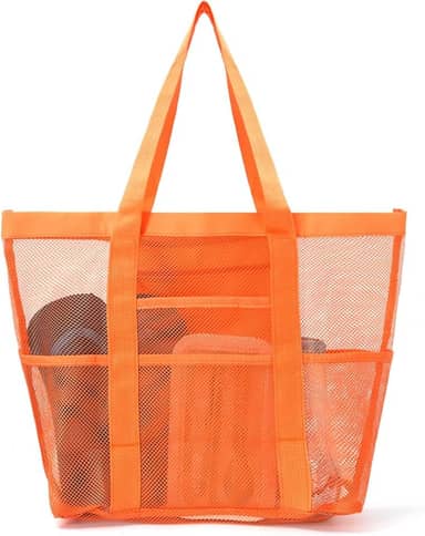 Bolsa de praia de malha, grande bolsa de praia com bolsos com zíper - Piscina familiar, brinquedos e itens essenciais para férias