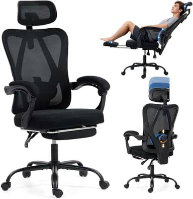 Cadeira de escritório com apoio para os pés, Corrimão interligado, Cadeira de escritorio ergonomica, cadeira giratória 360°, com encosto de cabeça e apoio lombar ajustáveis, Encosto ajustável a 135°