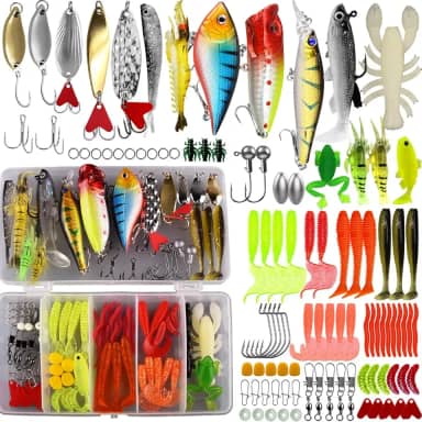 Conjunto de iscas de pesca – Kit abrangente de iscas de pesca para truta robalo salmão – Inclui camarão de plástico, isca de minhoca, colher e gabaritos de crankbait