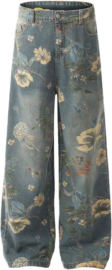 Streetwear Calça jeans floral folgada perna larga Street Y2k calças jeans