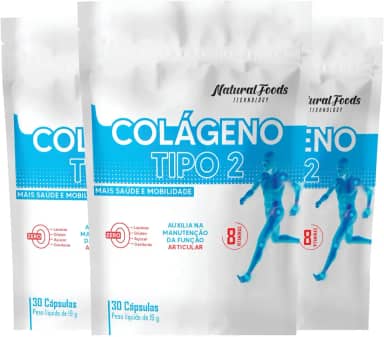 Kit 3x Colageno Tipo 2 Vitaminas Joelho Articulação Collagen Type 2 Refil 30 Cáps Não Desnaturado Proteina 40 mg Rende 90 Doses + Vitamina B1 B2 B6 B12 C E D3 Matéria Prima Importada - Natural Foods