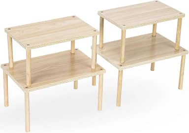 Prateleira organizadora de armário de madeira, conjunto de 4 prateleiras de balcão de cozinha, organização empilhável de especiarias para armário, armário de despensa, prateleira de