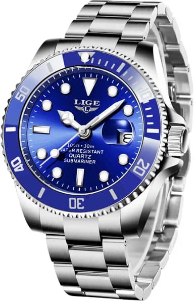 Relógios masculinos modernos de aço inoxidável para homens esportes à prova d'água relógios de luxo marca LIGE relógio de pulso casual azul relógio de data.., Azul, 8.07