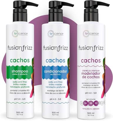 Kit Shampoo, Condicionador e Creme de Pentear Modelador de Cachos Brscience FusionFrizz – Limpeza, Hidratação e Definição Intensa para Cabelos Cacheados 3A, 3B e 3C – 3x500ml