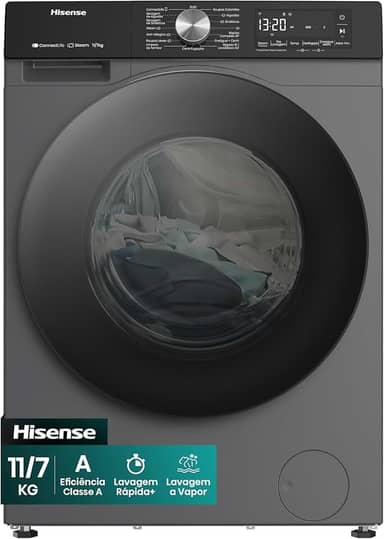 Hisense Lava e Seca, 11kg Lavagem/7kg Secagem, Wi-Fi, Steam, 13 Programas, Motor Inverter, Painel Touch, Titanium WD3S11-220V