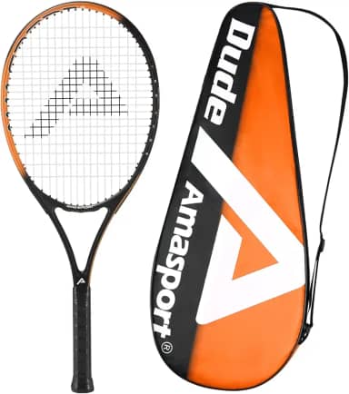 AMA SPORT Raquetes de tênis Pro Dude - 68,5 cm - Raquete de tênis composta de carbono - Raquete de tênis intermediária para iniciantes - Pré amarrada