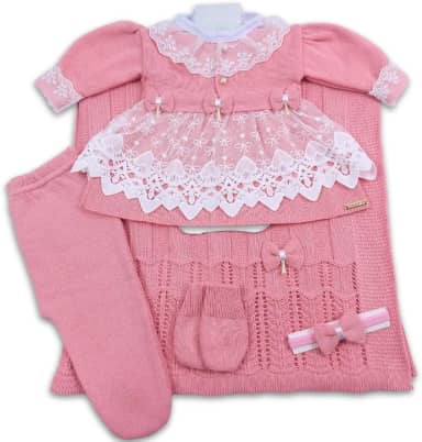 Kit Saída de Maternidade Menina Trico Conjunto Recem Nascido Princesa Rosa Chique