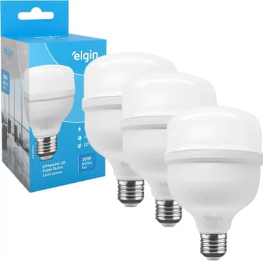 Kit Lâmpadas Led Super Bulbo 20w Alta Potência Bivolt Branco Frio Elgin (Kit 3 Unidades)