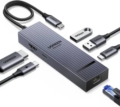 UGREEN Revodok Pro 6 em 1 USB C Hub, Adaptador Gigabit Ethernet com 4K 60Hz HDMI, 100 W PD, Portas de Dados USB A&C 3.2 de 10 Gbps Compatível com Mac M1/M2/M3, iPad, iPhone 16 Pro/Pro Max, Steam Deck