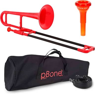 pInstrument Mini trombone infantil de plástico – bocal e bolsa de transporte – leve, versátil, confortável e ergonômico – Som autêntico para estudantes e iniciantes – Estrutura ABS durável – Vermelho